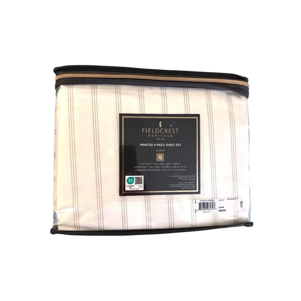 Fieldcrest Heritage 4-Piece Printed Queen Sheet Set 400TC 100% Cotton Chain Stri
